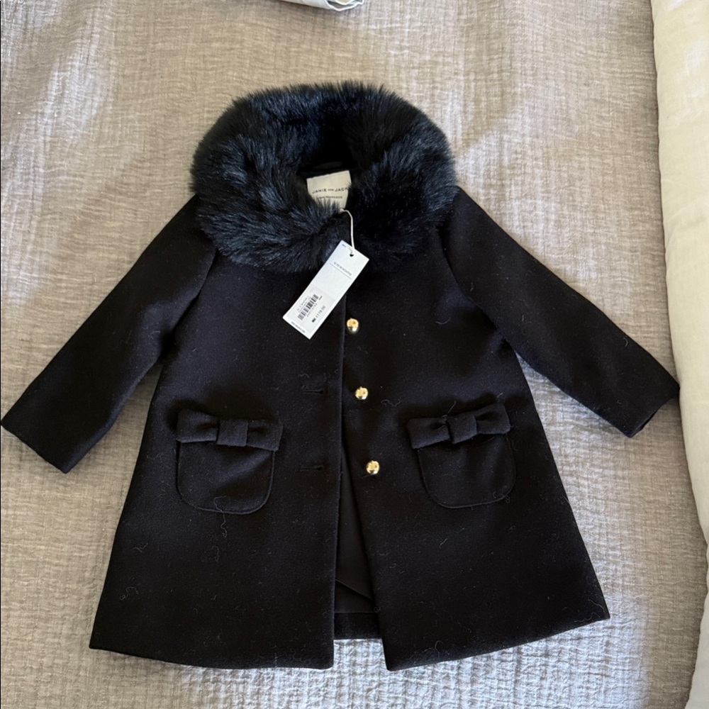 Janie and Jack Black Pea Coat with Faux Fur Collar